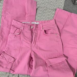 bershka pink cargo wide leg jeans